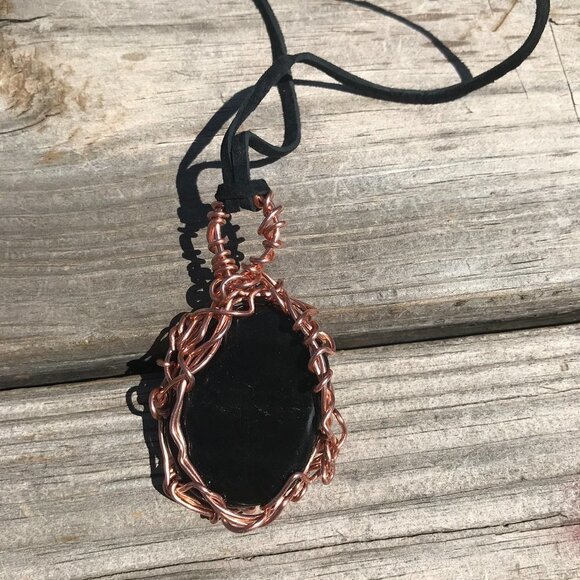 Black Obsidian Solid Copper Pendant Leather Necklace Handmade Artisan Wire Wrap - Picture 9 of 11